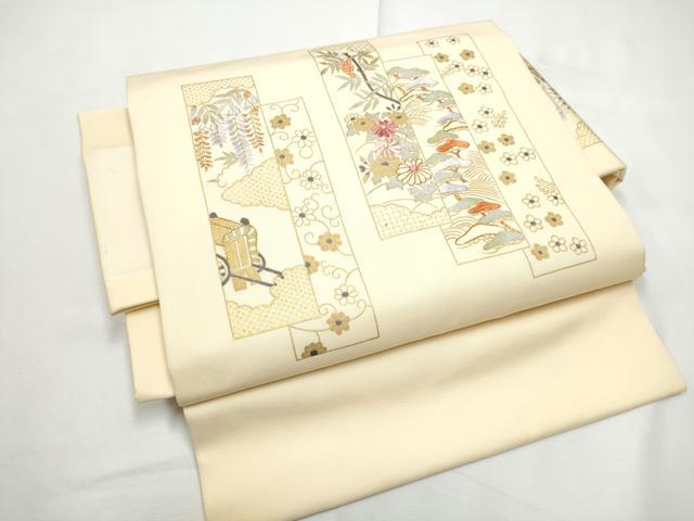 平和屋着物●塩瀬　ワンタッチつけ帯　駒刺繍　短冊御所車花文　金銀彩　正絹　逸品　CABE8582hy