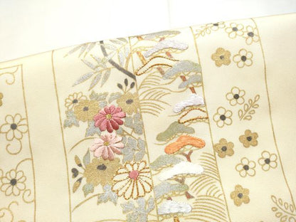 平和屋着物●塩瀬　ワンタッチつけ帯　駒刺繍　短冊御所車花文　金銀彩　正絹　逸品　CABE8582hy