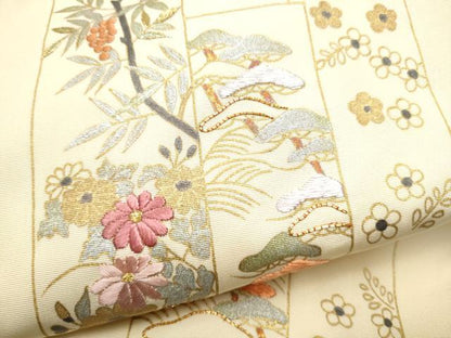 平和屋着物●塩瀬　ワンタッチつけ帯　駒刺繍　短冊御所車花文　金銀彩　正絹　逸品　CABE8582hy