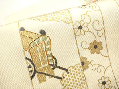 平和屋着物●塩瀬　ワンタッチつけ帯　駒刺繍　短冊御所車花文　金銀彩　正絹　逸品　CABE8582hy