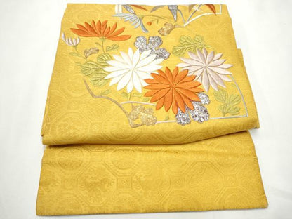 平和屋着物●アンティーク　大正ロマン　つけ帯　駒刺繍　菊　金銀彩　正絹　逸品　CABE8584hy