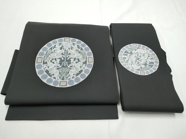 平和屋着物●塩瀬　つけ帯　型染め　狩猟丸文　黒地　正絹　逸品　CABE8587hy