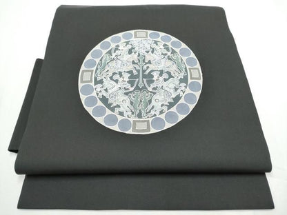 平和屋着物●塩瀬　つけ帯　型染め　狩猟丸文　黒地　正絹　逸品　CABE8587hy