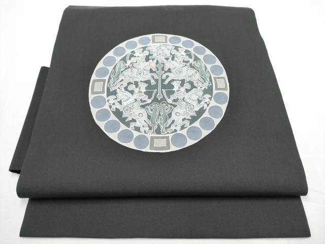 平和屋着物●塩瀬　つけ帯　型染め　狩猟丸文　黒地　正絹　逸品　CABE8587hy