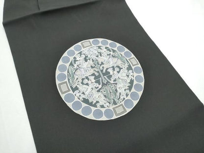 平和屋着物●塩瀬　つけ帯　型染め　狩猟丸文　黒地　正絹　逸品　CABE8587hy