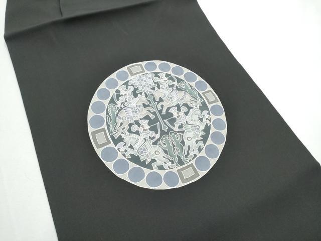 平和屋着物●塩瀬　つけ帯　型染め　狩猟丸文　黒地　正絹　逸品　CABE8587hy