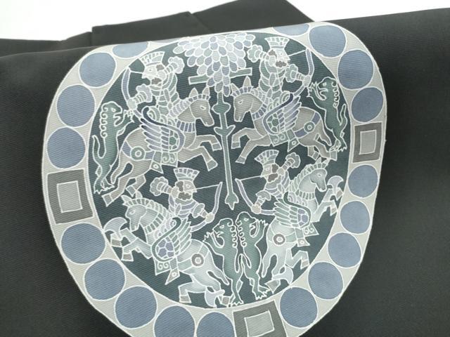平和屋着物●塩瀬　つけ帯　型染め　狩猟丸文　黒地　正絹　逸品　CABE8587hy