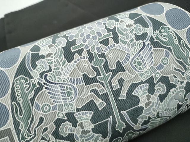 平和屋着物●塩瀬　つけ帯　型染め　狩猟丸文　黒地　正絹　逸品　CABE8587hy