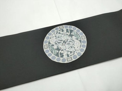 平和屋着物●塩瀬　つけ帯　型染め　狩猟丸文　黒地　正絹　逸品　CABE8587hy