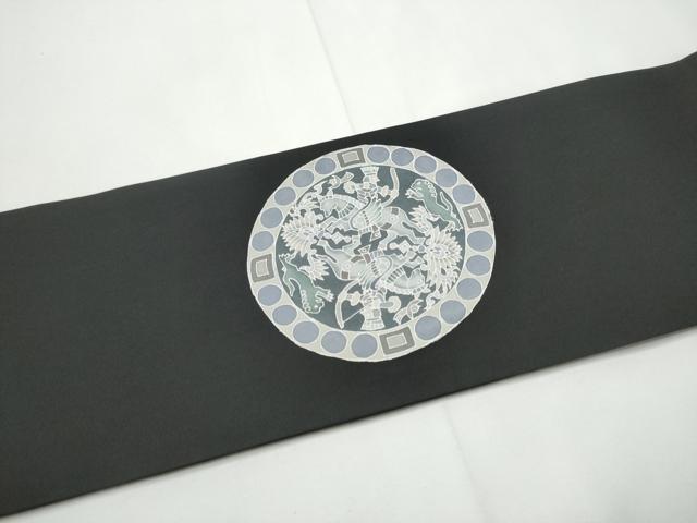 平和屋着物●塩瀬　つけ帯　型染め　狩猟丸文　黒地　正絹　逸品　CABE8587hy