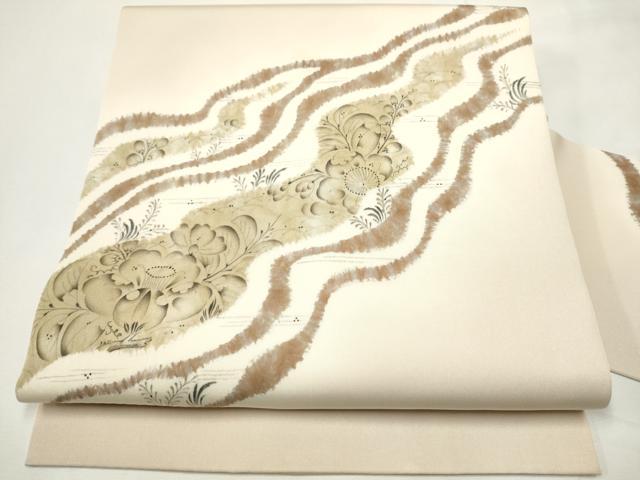 平和屋着物●日本工芸会正会員　福村廣利　絵絞庵　塩瀬　九寸名古屋帯　草花文　三越扱い　正絹　逸品　CABE8602hy 平和屋着物○日本工芸会正会員 福村廣利 絵絞庵 塩瀬 九