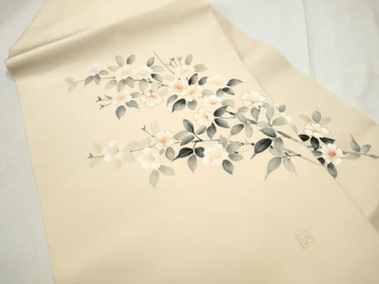 平和屋着物●塩瀬　九寸名古屋帯　作家物　手描き　枝桜文　金彩　正絹　逸品　CABE8606hy