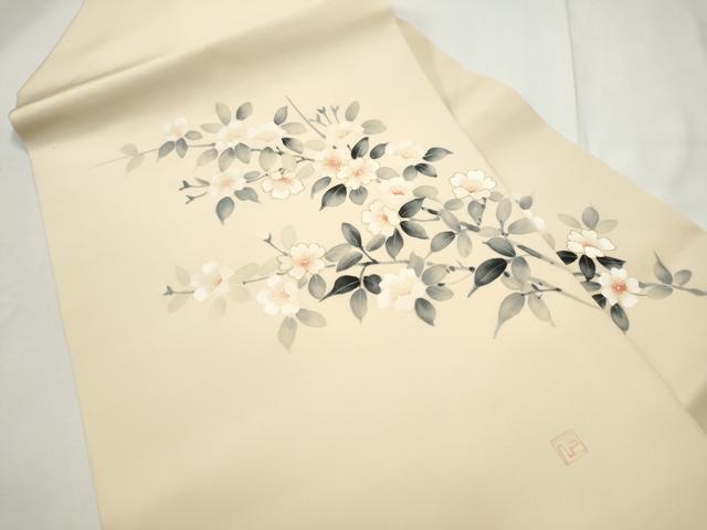 平和屋着物●塩瀬　九寸名古屋帯　作家物　手描き　枝桜文　金彩　正絹　逸品　CABE8606hy