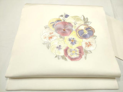 平和屋着物●塩瀬　九寸名古屋帯　総刺繍　舞花文　銀糸　正絹　逸品　CABE8611hy