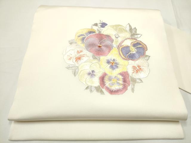 平和屋着物●塩瀬　九寸名古屋帯　総刺繍　舞花文　銀糸　正絹　逸品　CABE8611hy