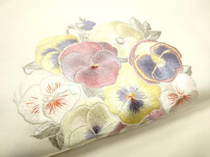 平和屋着物●塩瀬　九寸名古屋帯　総刺繍　舞花文　銀糸　正絹　逸品　CABE8611hy