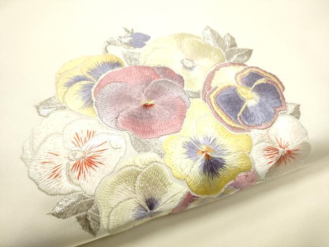平和屋着物●塩瀬　九寸名古屋帯　総刺繍　舞花文　銀糸　正絹　逸品　CABE8611hy