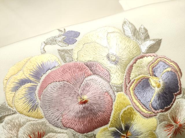 平和屋着物●塩瀬　九寸名古屋帯　総刺繍　舞花文　銀糸　正絹　逸品　CABE8611hy