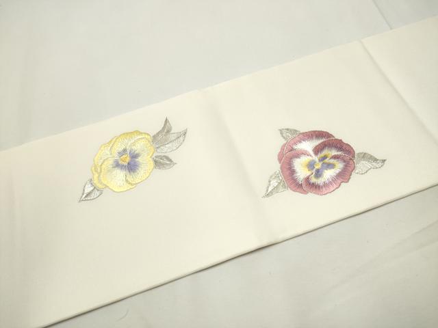 平和屋着物●塩瀬　九寸名古屋帯　総刺繍　舞花文　銀糸　正絹　逸品　CABE8611hy