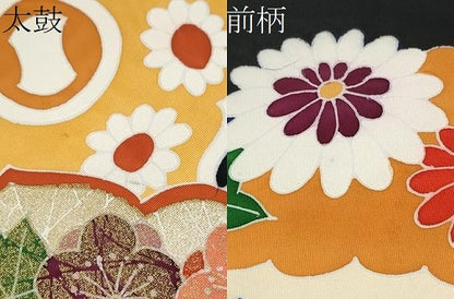 平和屋着物●塩瀬　九寸名古屋帯　駒刺繍　型染め　鏡裏舞花文　黒地　金銀彩　正絹　逸品　CABE8618hy