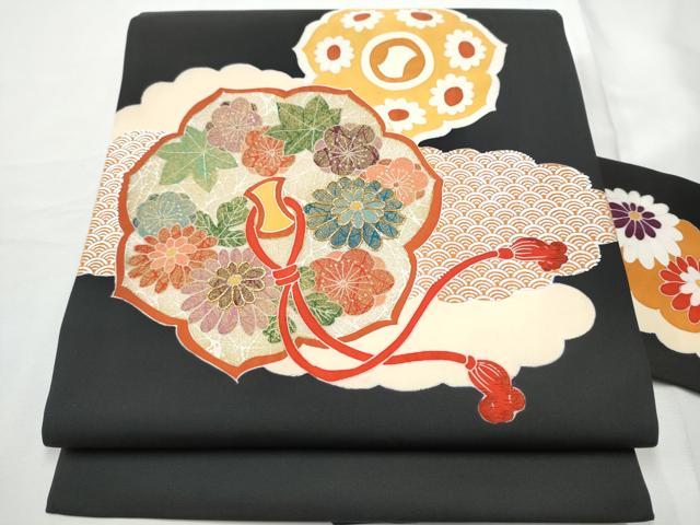 平和屋着物●塩瀬　九寸名古屋帯　駒刺繍　型染め　鏡裏舞花文　黒地　金銀彩　正絹　逸品　CABE8618hy