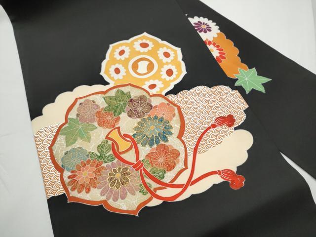 平和屋着物●塩瀬　九寸名古屋帯　駒刺繍　型染め　鏡裏舞花文　黒地　金銀彩　正絹　逸品　CABE8618hy