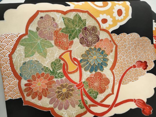 平和屋着物●塩瀬　九寸名古屋帯　駒刺繍　型染め　鏡裏舞花文　黒地　金銀彩　正絹　逸品　CABE8618hy