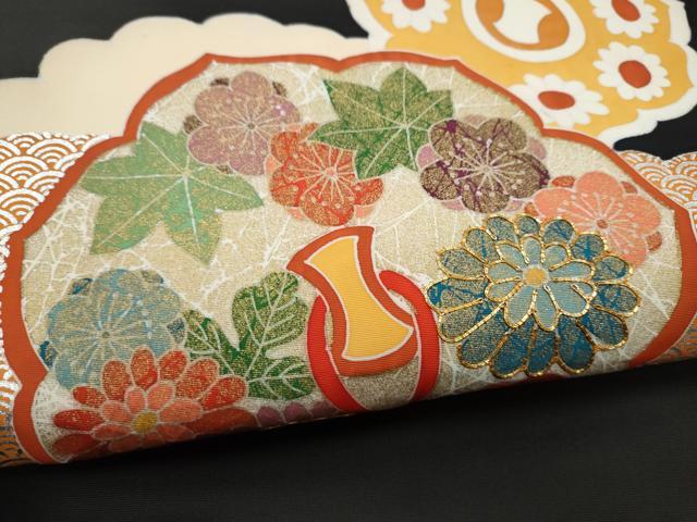平和屋着物●塩瀬　九寸名古屋帯　駒刺繍　型染め　鏡裏舞花文　黒地　金銀彩　正絹　逸品　CABE8618hy