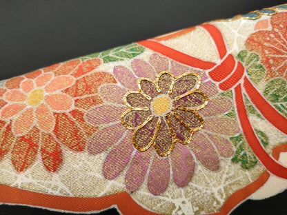 平和屋着物●塩瀬　九寸名古屋帯　駒刺繍　型染め　鏡裏舞花文　黒地　金銀彩　正絹　逸品　CABE8618hy