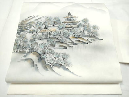 平和屋着物●内山晴祥　塩瀬　九寸名古屋帯　手描き　風景文　金彩　正絹　逸品　CABE8625hy