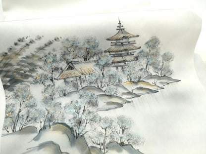 平和屋着物●内山晴祥　塩瀬　九寸名古屋帯　手描き　風景文　金彩　正絹　逸品　CABE8625hy