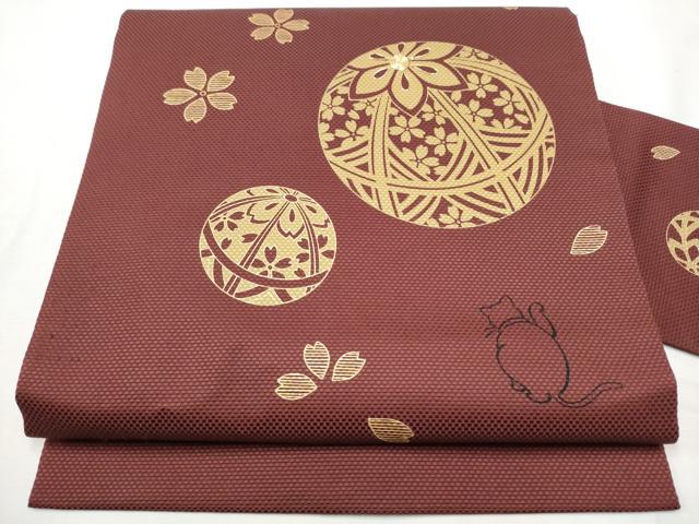 平和屋着物●九寸名古屋帯　駒刺繍　猫　舞桜毬文　金彩　正絹　逸品　CABE8627hy
