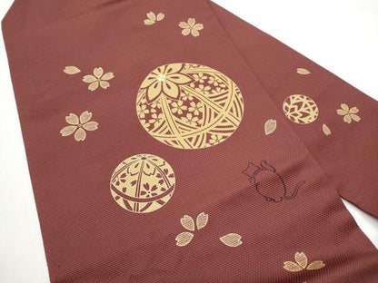 平和屋着物●九寸名古屋帯　駒刺繍　猫　舞桜毬文　金彩　正絹　逸品　CABE8627hy