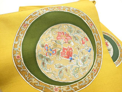 平和屋着物●九寸名古屋帯　紬地　更紗絵皿花文　金彩　正絹　逸品　CABE8628hy