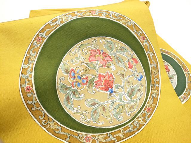 平和屋着物●九寸名古屋帯　紬地　更紗絵皿花文　金彩　正絹　逸品　CABE8628hy