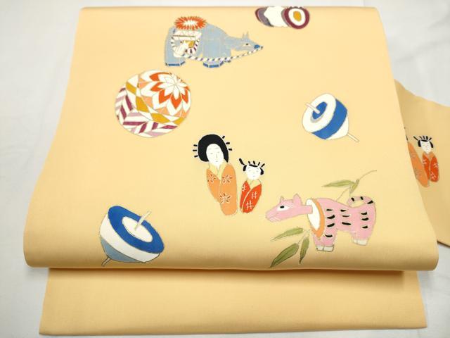 平和屋着物●塩瀬　九寸名古屋帯　玩具文　金彩　正絹　逸品　CABE8631hy