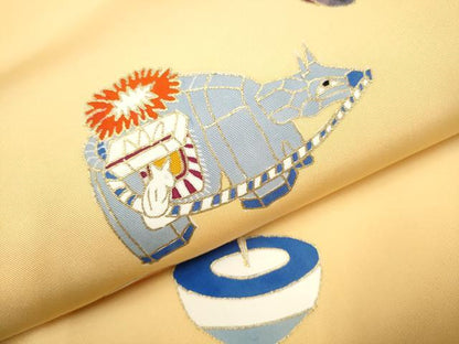 平和屋着物●塩瀬　九寸名古屋帯　玩具文　金彩　正絹　逸品　CABE8631hy