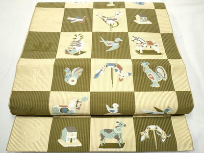 平和屋着物●本場筑前博多織　八寸名古屋帯　市松動物文　金糸　正絹　逸品　CABE8632hy