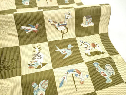 平和屋着物●本場筑前博多織　八寸名古屋帯　市松動物文　金糸　正絹　逸品　CABE8632hy