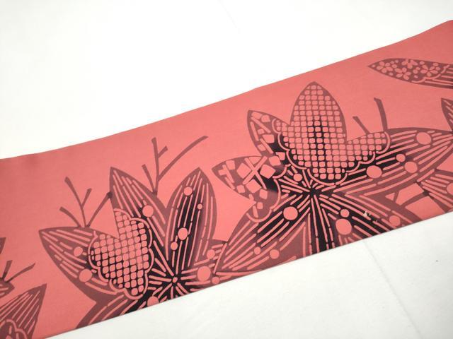 平和屋着物●塩瀬　九寸名古屋帯　型染め　舞葉吉祥文　正絹　逸品　CABE8639hy 平和屋着物○塩瀬 九寸名古屋帯 型染め 舞葉吉祥文 正絹