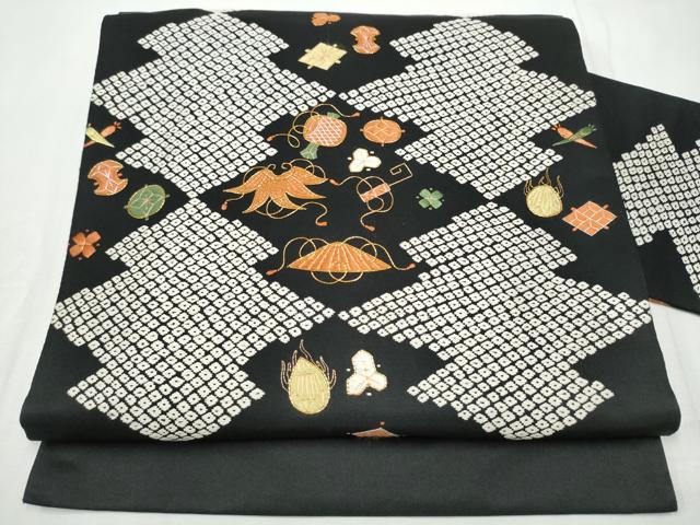 平和屋着物●九寸名古屋帯　唐織　駒刺繍　宝尽くし文　黒地　正絹　逸品　CABE8644hy