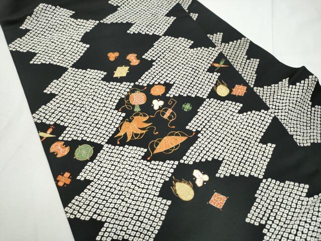 平和屋着物●九寸名古屋帯　唐織　駒刺繍　宝尽くし文　黒地　正絹　逸品　CABE8644hy