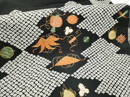 平和屋着物●九寸名古屋帯　唐織　駒刺繍　宝尽くし文　黒地　正絹　逸品　CABE8644hy