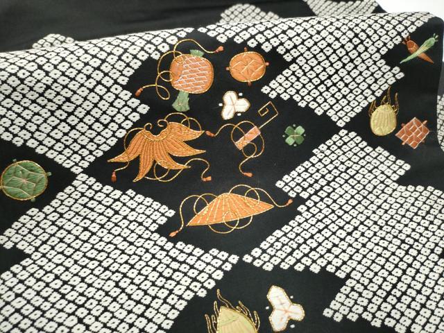 平和屋着物●九寸名古屋帯　唐織　駒刺繍　宝尽くし文　黒地　正絹　逸品　CABE8644hy
