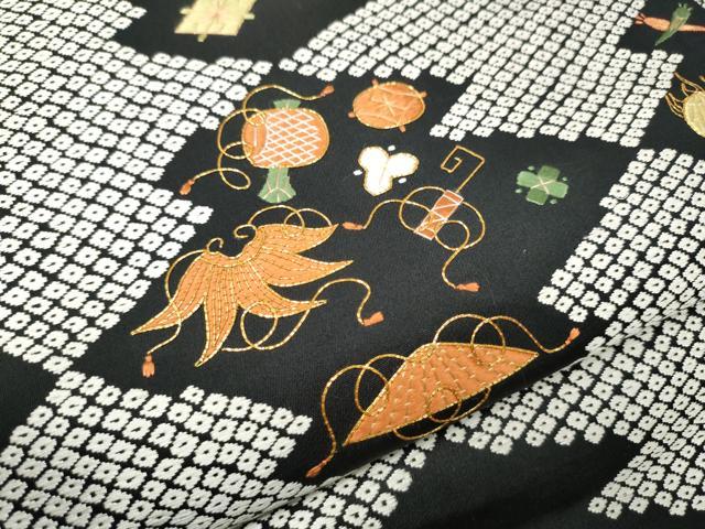 平和屋着物●九寸名古屋帯　唐織　駒刺繍　宝尽くし文　黒地　正絹　逸品　CABE8644hy