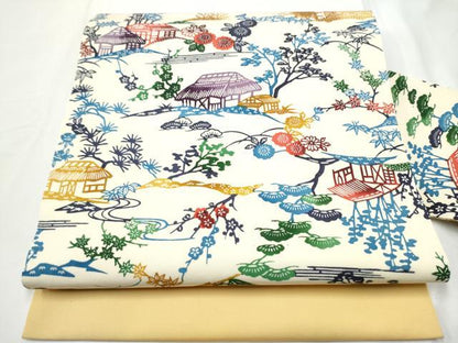 平和屋着物●塩瀬　九寸名古屋帯　型染め　風景文　金糸　正絹　逸品　CABE8649hy