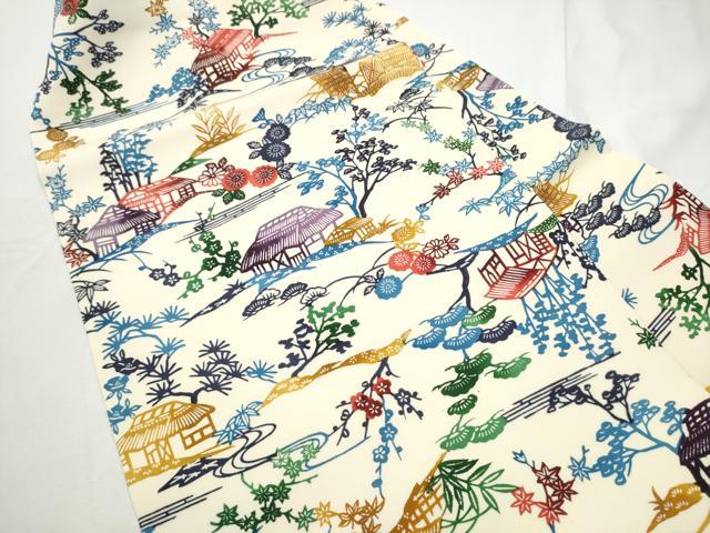 平和屋着物●塩瀬　九寸名古屋帯　型染め　風景文　金糸　正絹　逸品　CABE8649hy