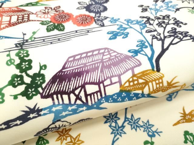 平和屋着物●塩瀬　九寸名古屋帯　型染め　風景文　金糸　正絹　逸品　CABE8649hy