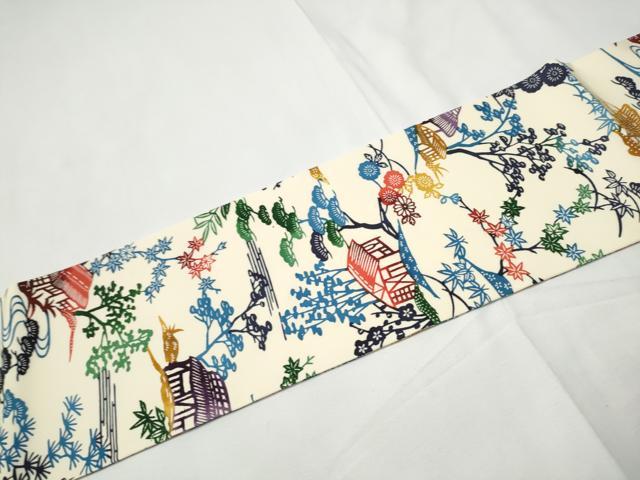 平和屋着物●塩瀬　九寸名古屋帯　型染め　風景文　金糸　正絹　逸品　CABE8649hy