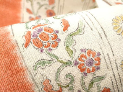 平和屋着物●摺型友禅　京都　多ち花 　全通柄　九寸名古屋帯　型染め　更紗花文　鬼しぼ縮緬　正絹　逸品　CABE8651hy